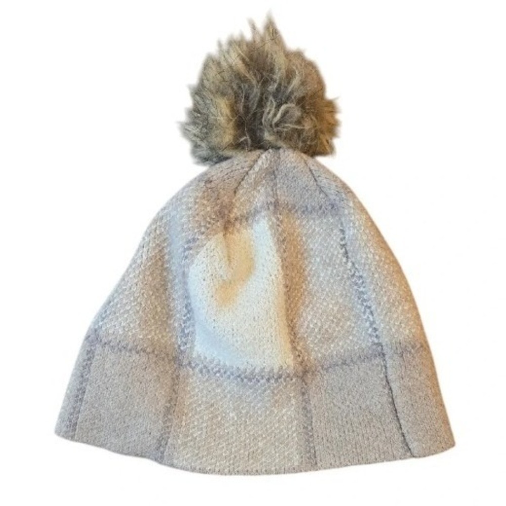 Christian Siriano Women's Winter Beanie Hat Beige Cream Plaid Faux Fur Pom Pom